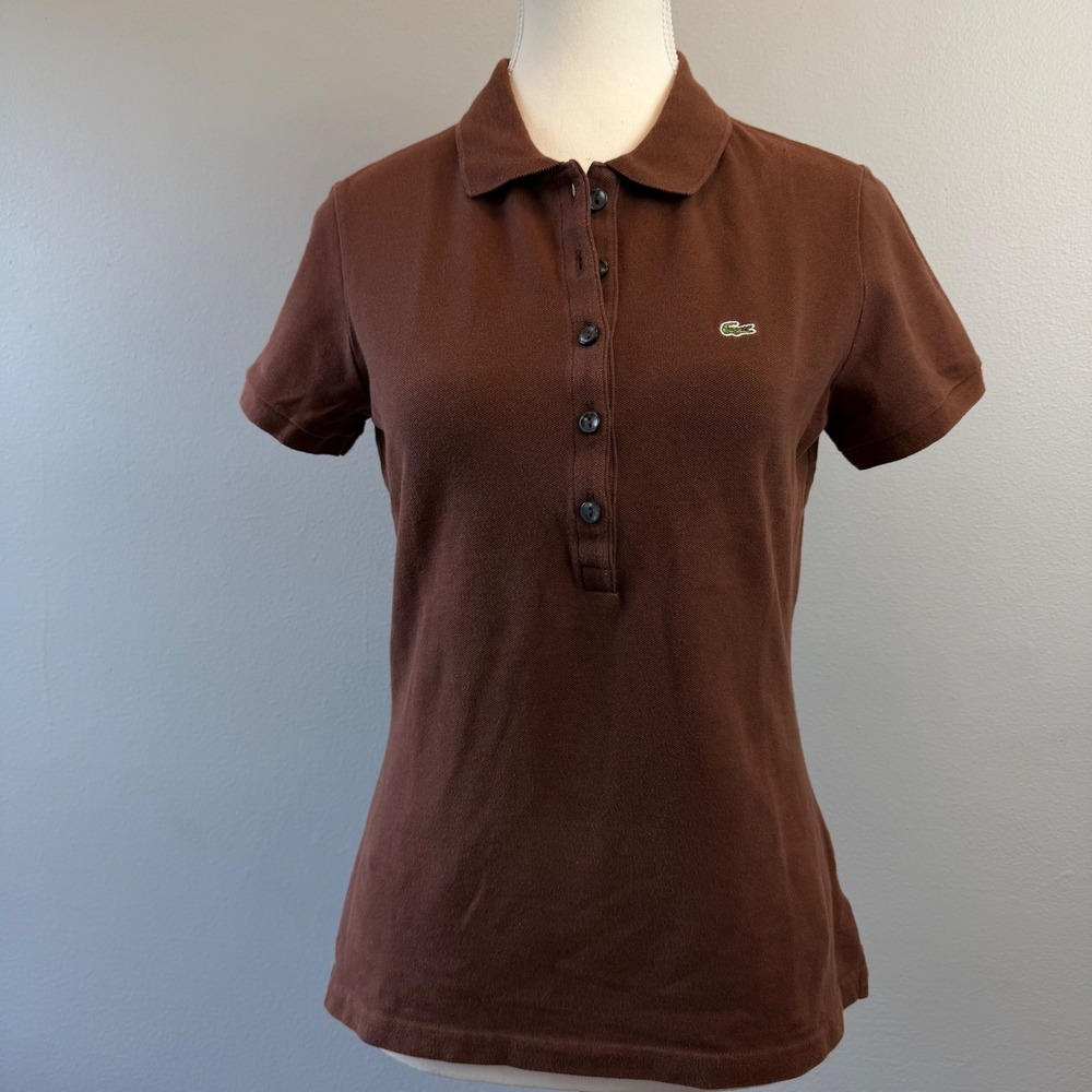 Vintage Lacoste Women Sz Large 42 Brown Polo Shirt Y2K 90s Short Sleeve Preppy